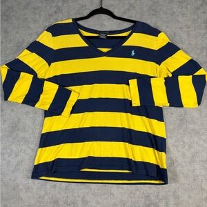 Ralph Lauren Sport Women XL Yellow Blue Striped LS Shirt Pony Logo Cotton Preppy